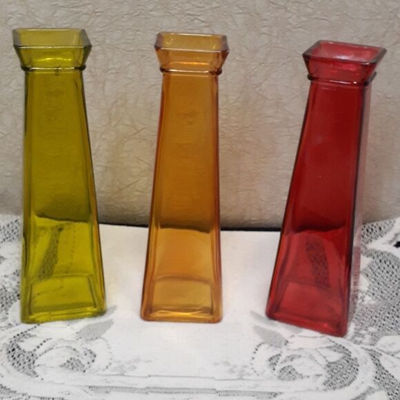 JEWEL Colored Glass Bud Vases SET 3 Square Flower Vases Centerpiece - Picture 1 of 7